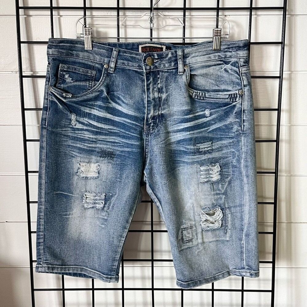 Vintage Riot Empire Jean Shorts Mens‎ 34 Distressed Bleach/Acid Wash Baggy Denim